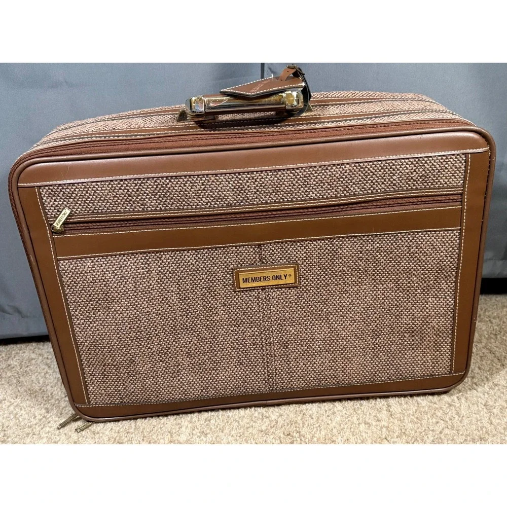 Vintage Members Only 3 Piece Luggage Set Brown Tweed Suitcase Garment Carry On